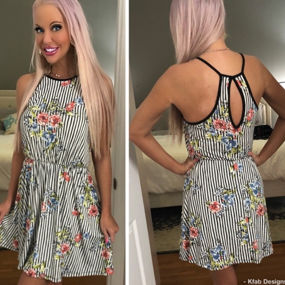 Striped floral high neck dress